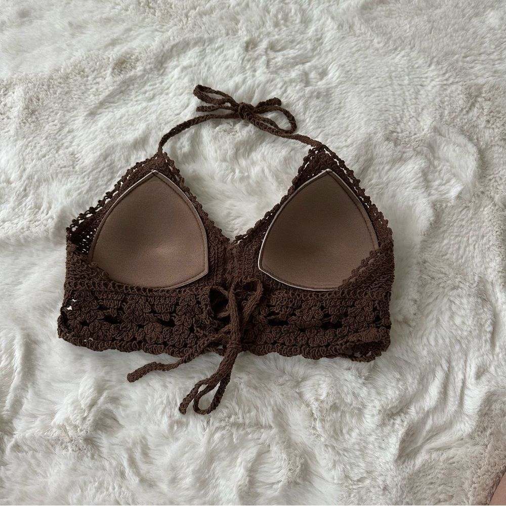 Brown knit halter top with laced back - Picture 5 of 5
